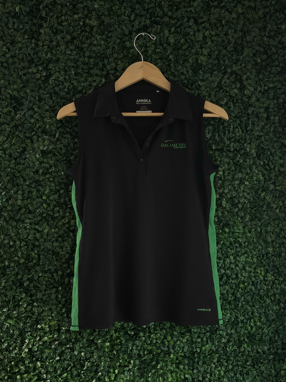 Sz M Annika Cutter & Buck DryTec Sleeveless Golf Polo Black Green